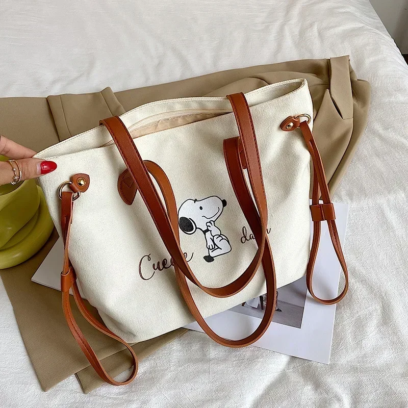 Snoopy New Canvas Diapers Shoulder Bag Fashion Letter Tote Bag Girls Shopping Storage Bag Large Capacity Handbag