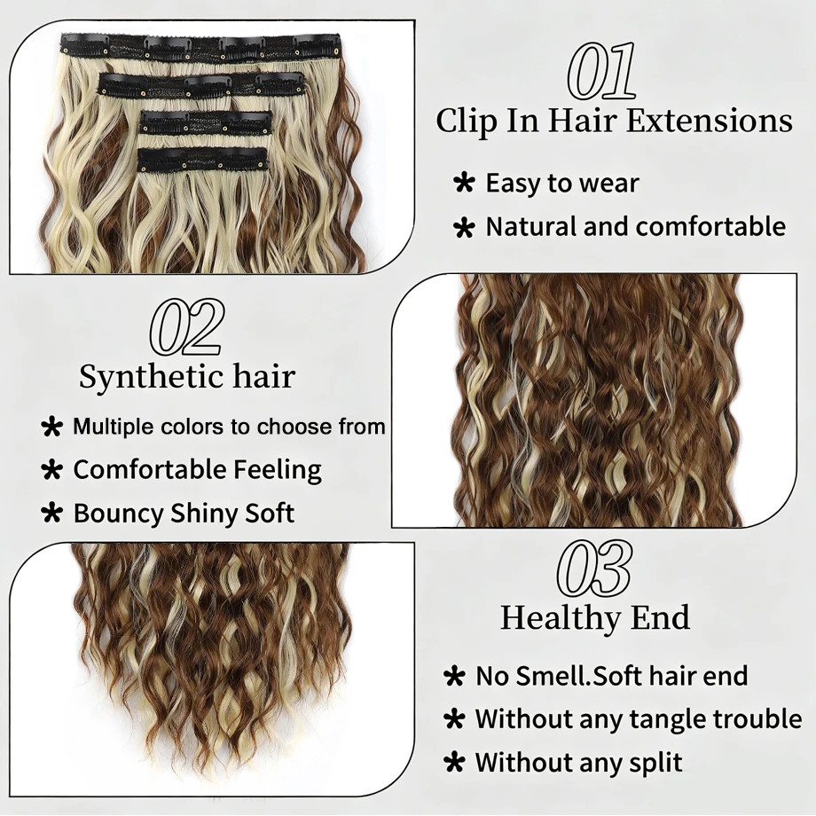 4Pcs Curly Clip in Hair Extension Synthetic Hair Mixed Color Silky Soft Natural Look Invisible Lace Weft Hairpieces for Women
