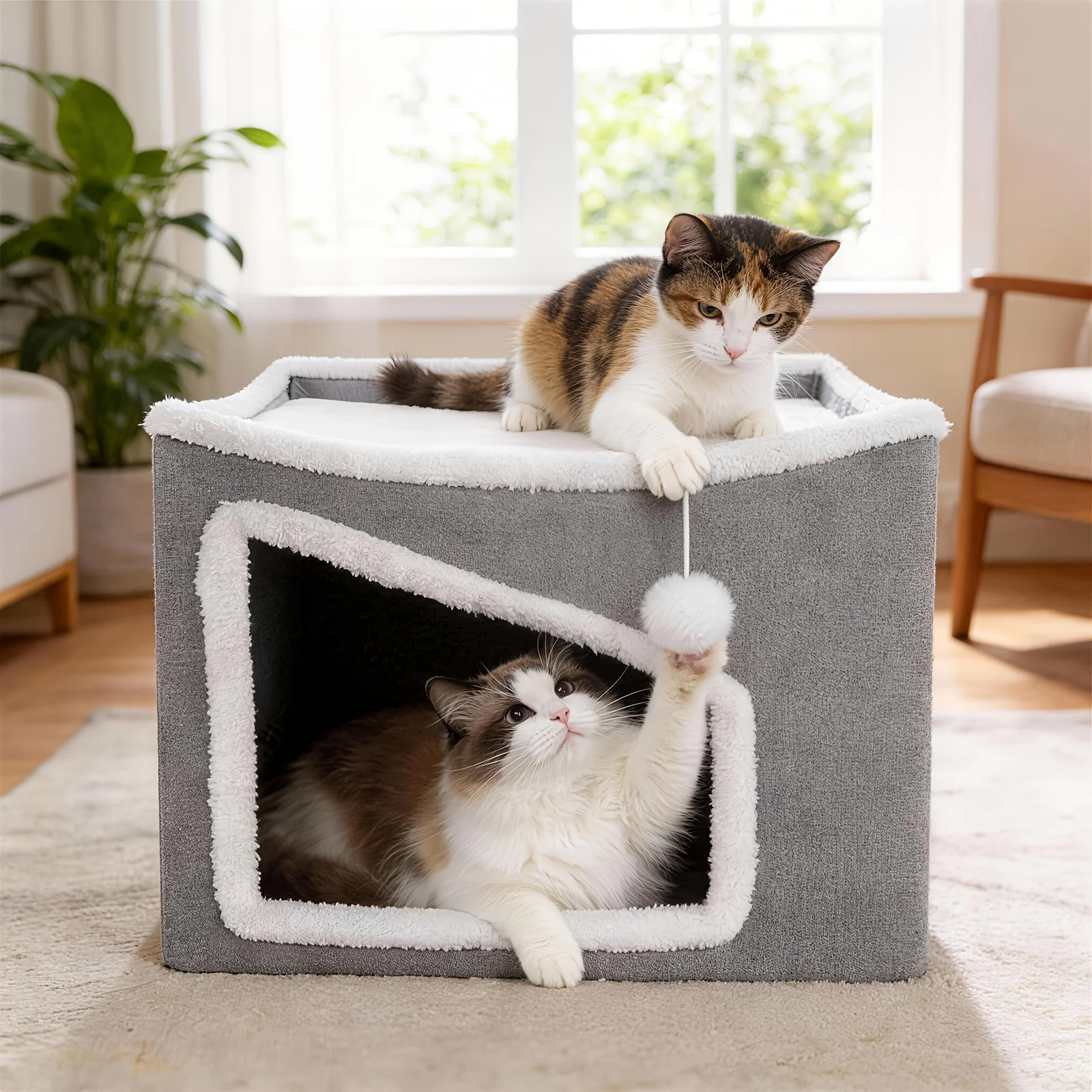 

Two-Story Cat House Apartment with an Enclosed Cat Flap, a Foldable Indoor Cat Bed, a Versatile All-Season Cat House, And a Non-