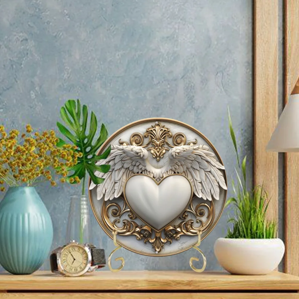 Charming Round Aluminum Sign with Heart and Feather Design, Perfect for Home Office Decor, Wall Art, Ideal for Thanksgiving Gift