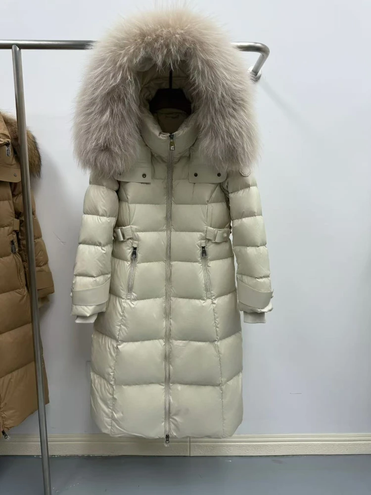 Chaqueta de plumón para mujer, chaqueta acolchada larga de invierno con capucha, cálida y gruesa, piel de mapache auténtica, chaqueta de plumas de ganso blanca, Parkas impermeables