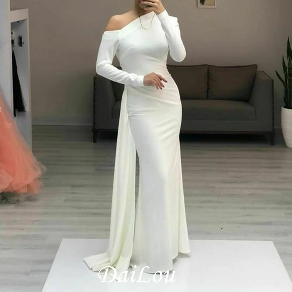 Simple Floor-Length Long Sleeves Sheath Column Evening Dress Spandex Bride Marriage Saudi Arabia Dresses Gowns