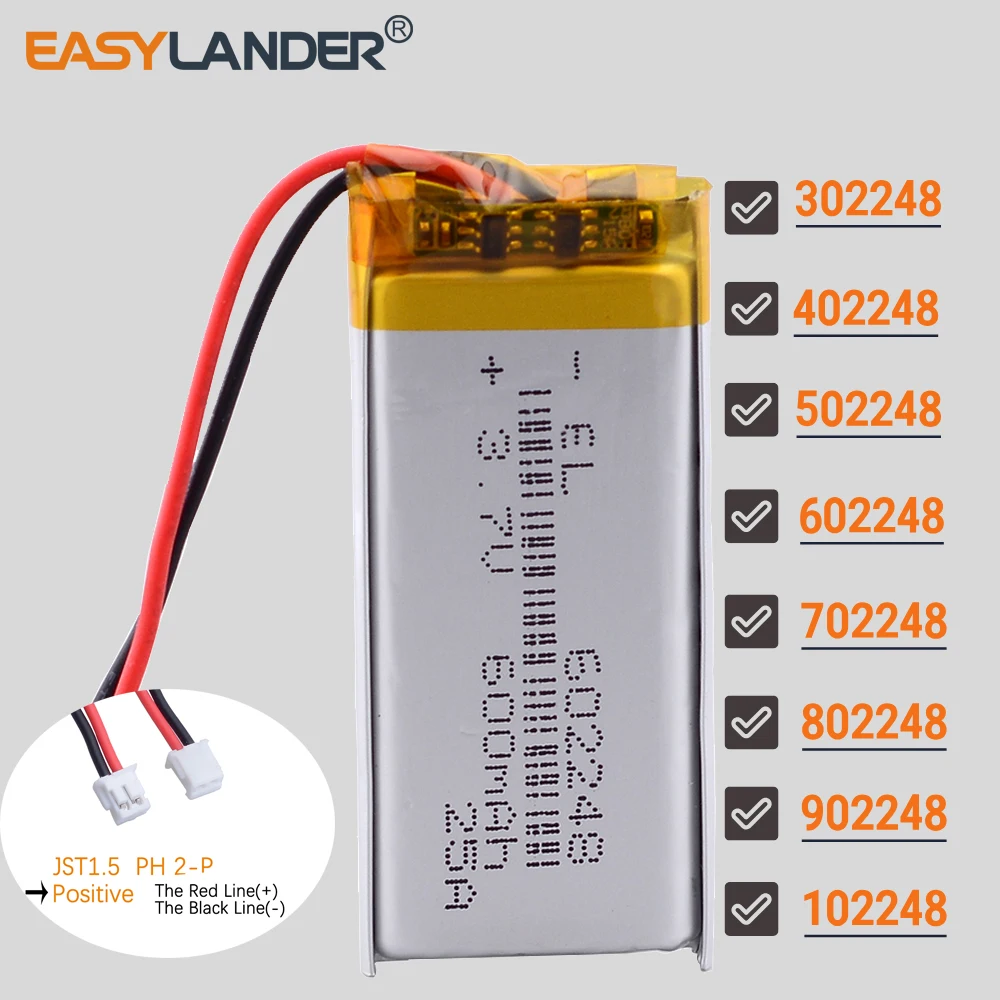 JST1.5mm 2Pin 3.7V  1200mAh 302248 402248 502248 602248 702248 802248 902248 102248 Lithium Polymer Li-Po li ion Battery