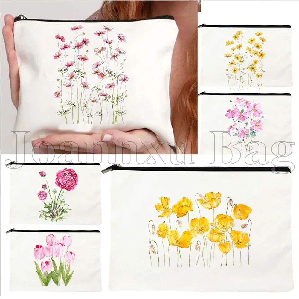 

Yellow Pink Cosmos Roses Tulips Daisy Poppy Flowers Hyacinth Watercolor Cute Gifts Canvas Cosmetic Makeup Bag Pencil Case Pouch