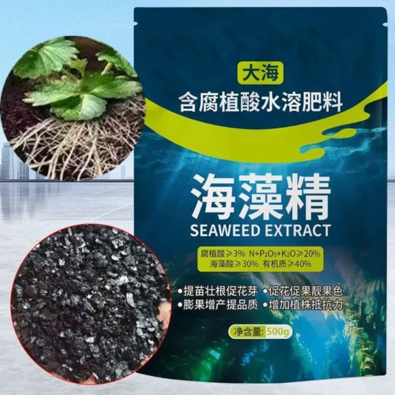 500 جرام مستخلص أعشاب بحرية عضوي عالي النقاء على شكل ورقة سوداء سماد قابل للذوبان في الماء يعزز نمو جذور النبات وتحسين التربة