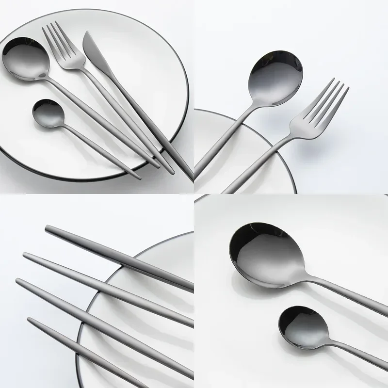 24pcs Black Western Dinnerware Set Stainless Steel Cutlery Set Fork Knife Spoon Tableware Set Flatware Set Silverware Set