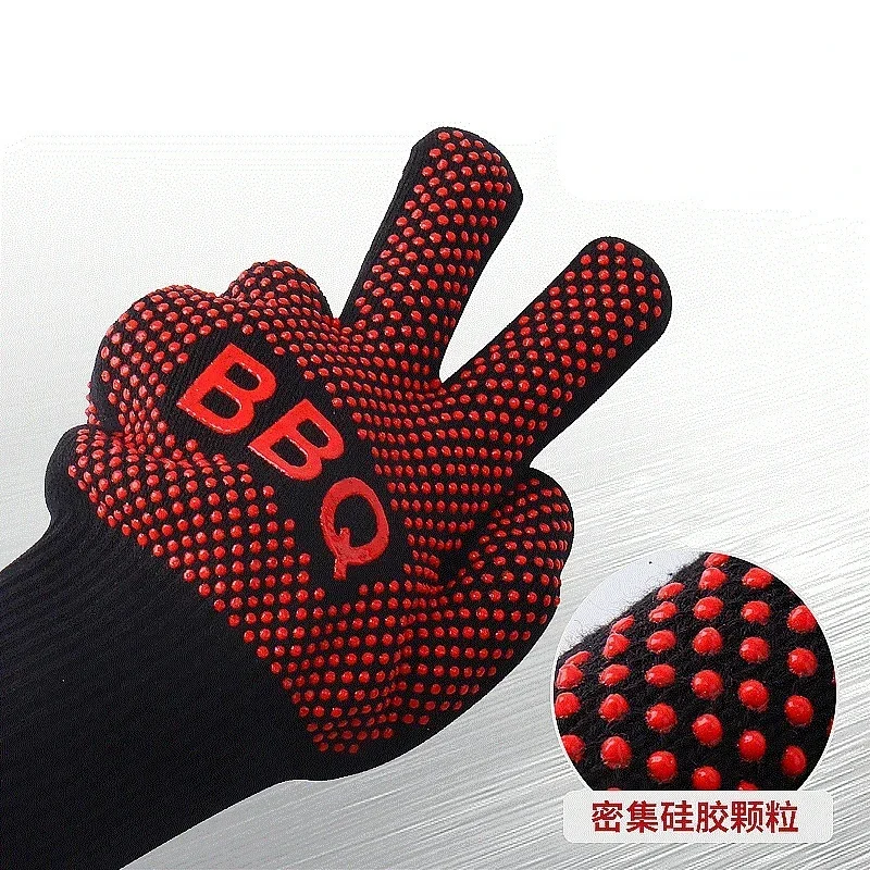 1Pair BBQ Gloves High Temperature Resistance Oven Mitts 200 300 Degrees Fireproof Barbecue Heat Insulation Microwave Oven Gloves