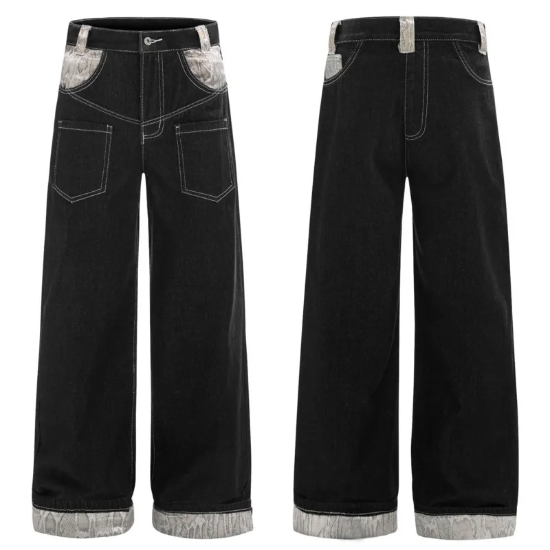 ANJY Autumn Winter New Women Python Pattern Patchwork Trend Jeans Fashion High-End Chic Ins Wide-Leg Straight Denim Pants A11971