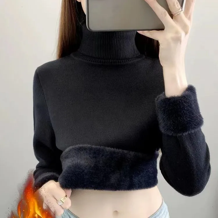 Winter Women's Warm Tops Solid Plush Thermal Underwear Thick Long-sleeved Pullover Shirts Slim Fleece Turtleneck sweater L405