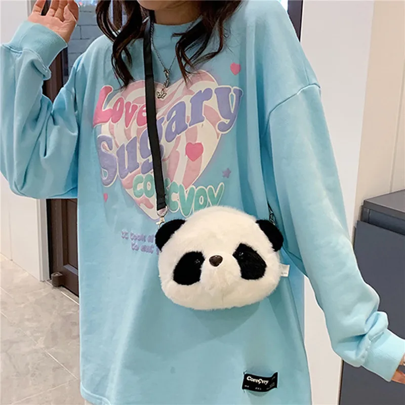 Cute Plush Panda Crossbody Bag Women Winter Warm Fluffy Messenger Bag Mobile Cartoon Phone Pouch Ladies Travel Purses New