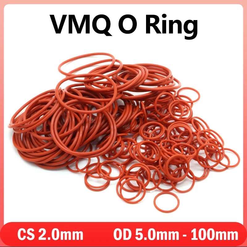 

100pcs Red Food Grade VMQ O Ring Gasket Thickness CS 2mm OD 5mm ~ 100mm Waterproof Washer Round O Shape Rubber Silicone Rings