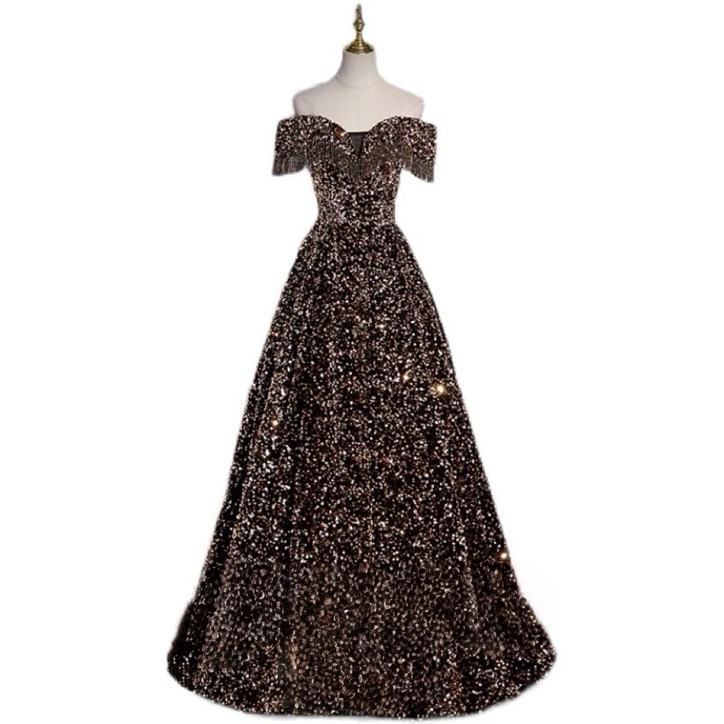 Preciosos vestidos de lentejuelas para celebridades, sin tirantes, corte en A, borlas, hombros descubiertos, fiesta de princesa, vestidos de noche para ocasiones formales