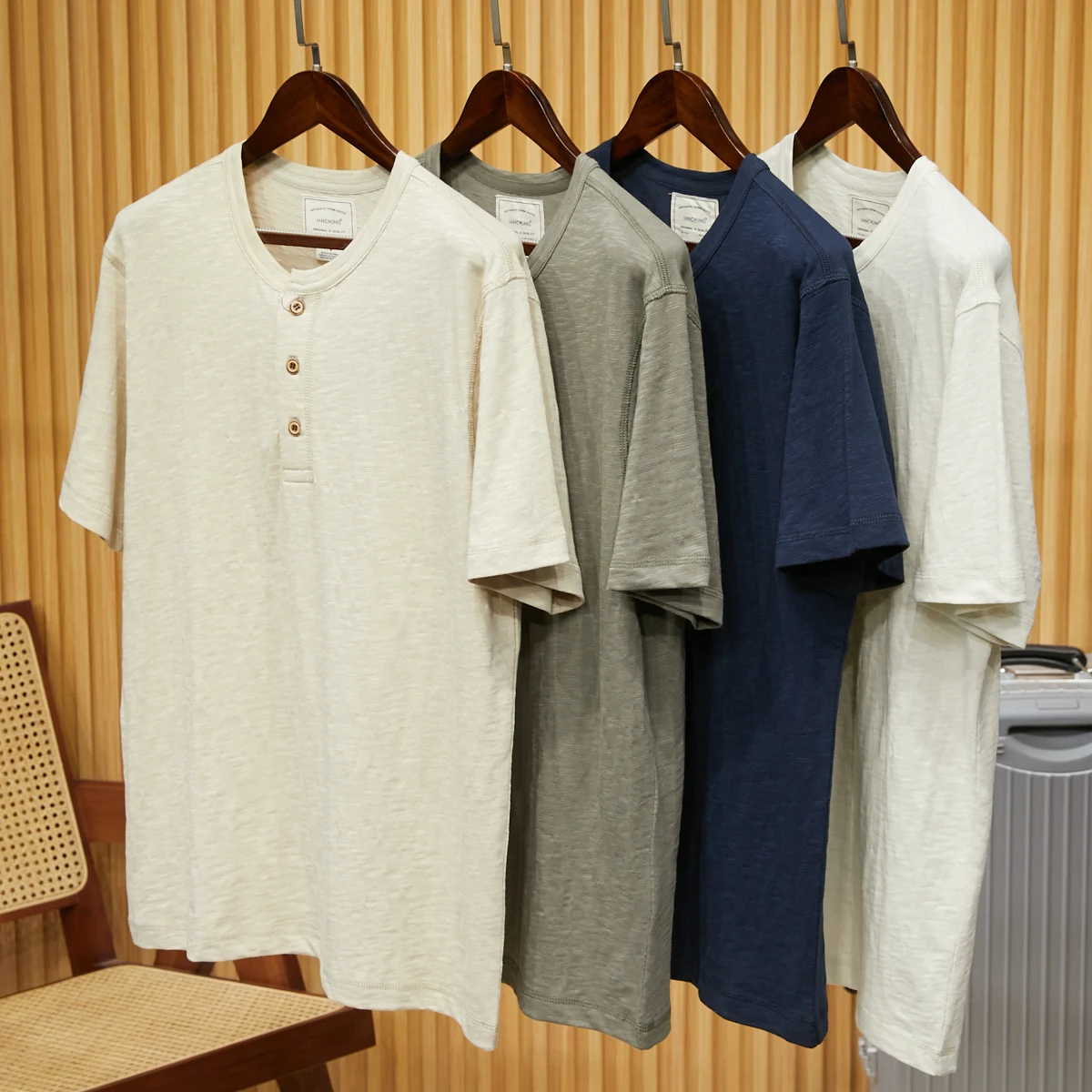 

American Henry Collar T-irt Bamboo Rayon Linen Blend Waed Ready-to-wear Spring Summer Men's Retro Sle ort Sve