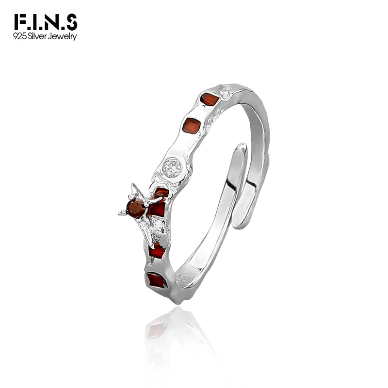 F.I.N.S Original S925 Sterling Silver Rings Woman Red Enamel Chess Grid Open Adjustable Index Mid Finger Fine Jewelry Gifts