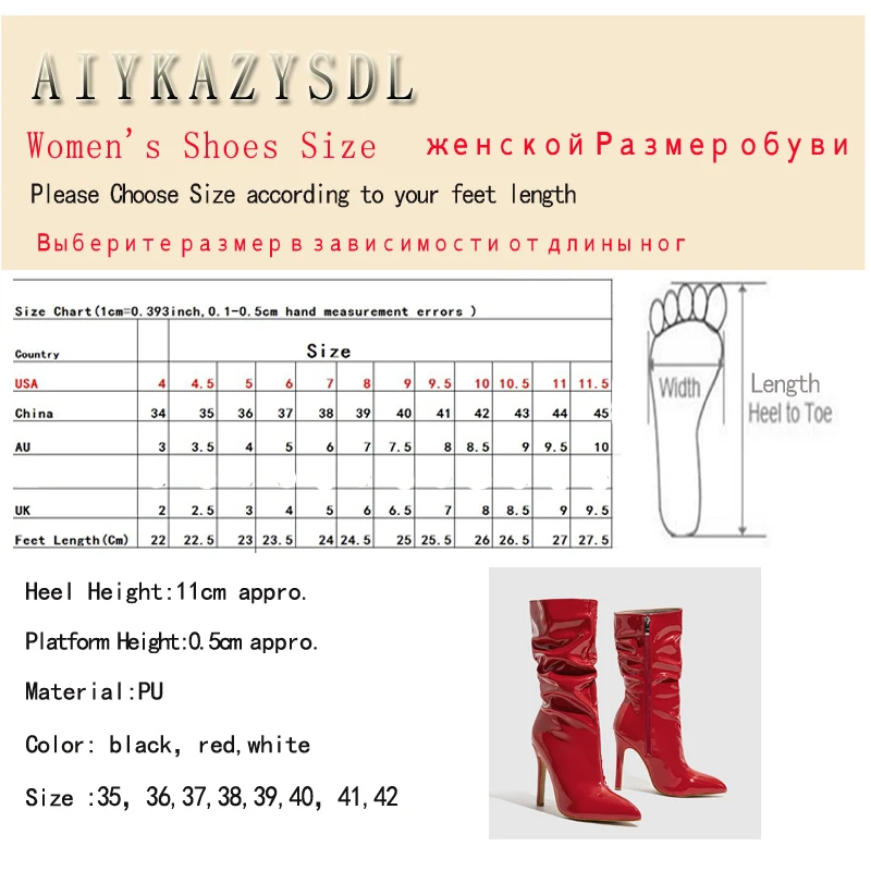 AIYKAZYSDL Patent Leather Glossy Vinyl Mid-calf Boots High Heel Women Autumn Spring Slouchy Boots Red Black White Plus Size 42