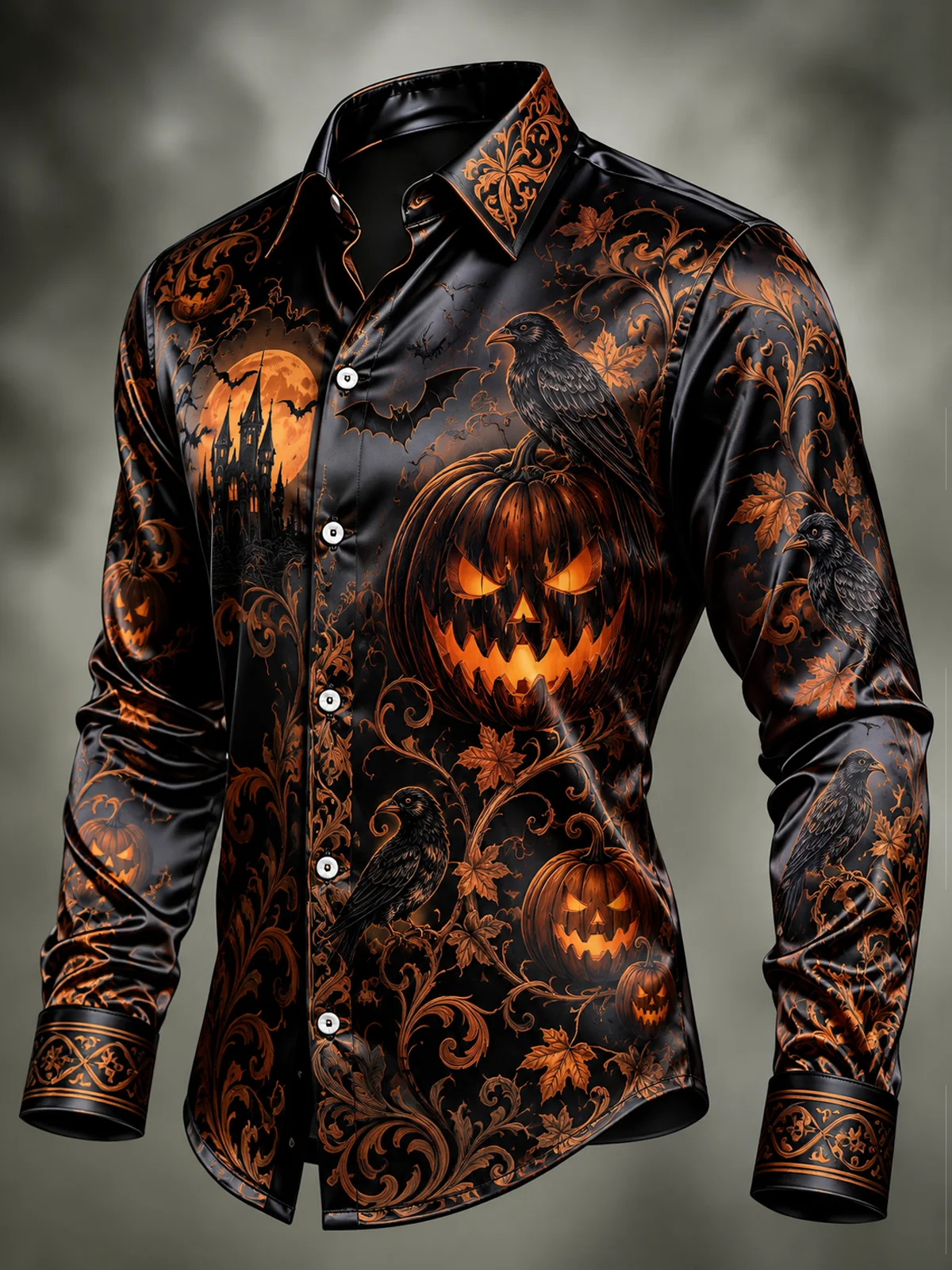 Men's Satin Long Sleeve Shirt Halloween Pumpkin Crow Print Gothic Party Dress Shirt