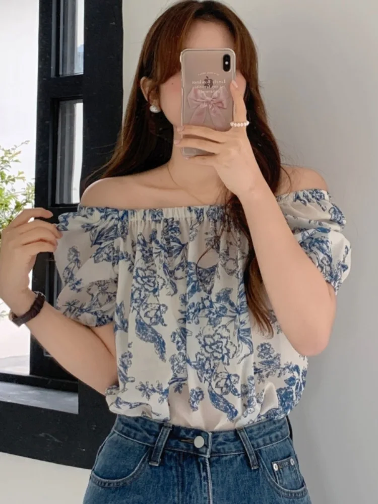 Doce sle blusa com estampa de marca de água oulder bared bubble sve feminino irt commute versão coreana corte reto ort sve