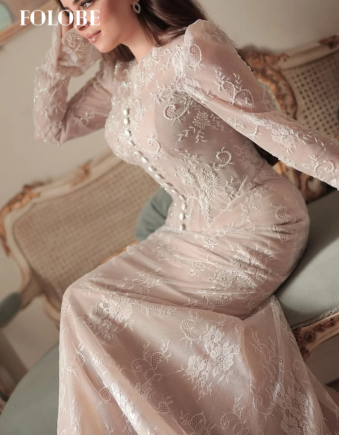 FOLOBE Pink Lace Evening Dresses Elegant O-Neck Mermaid Full Sleeve Prom Gowns for Women Wedding Dress Customized