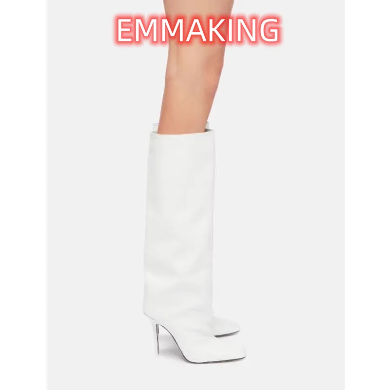 INS المتخصصة تصميم الانزلاق على شخصية أحذية طويلة رئيس مربع رقيقة كعب فارس الأحذية المدرج مرحلة الأداء أحذية النساء كبيرة الحجم