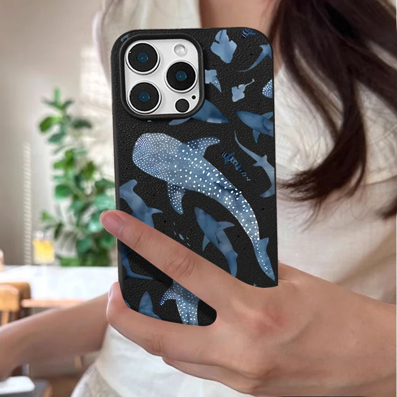 Чехол для телефона с рисунком океанской акулы и кита для iPhone 17 Air 16 15 Pro 14 13 12 Pro Max 16 17 15 Pro 16e 11, чехол из ТПУ с текстурой кожи