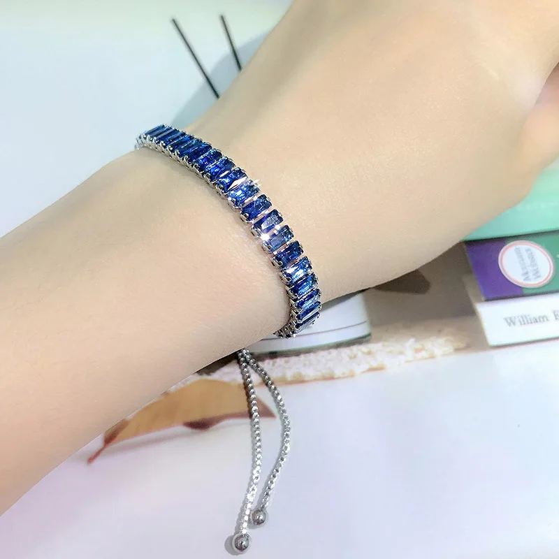 Blue Crystal Tennis Bracelets for Women Men Trendy Adjustable Various Shapes Iced Out CZ Short Chain on Hand Trendy Jewelry