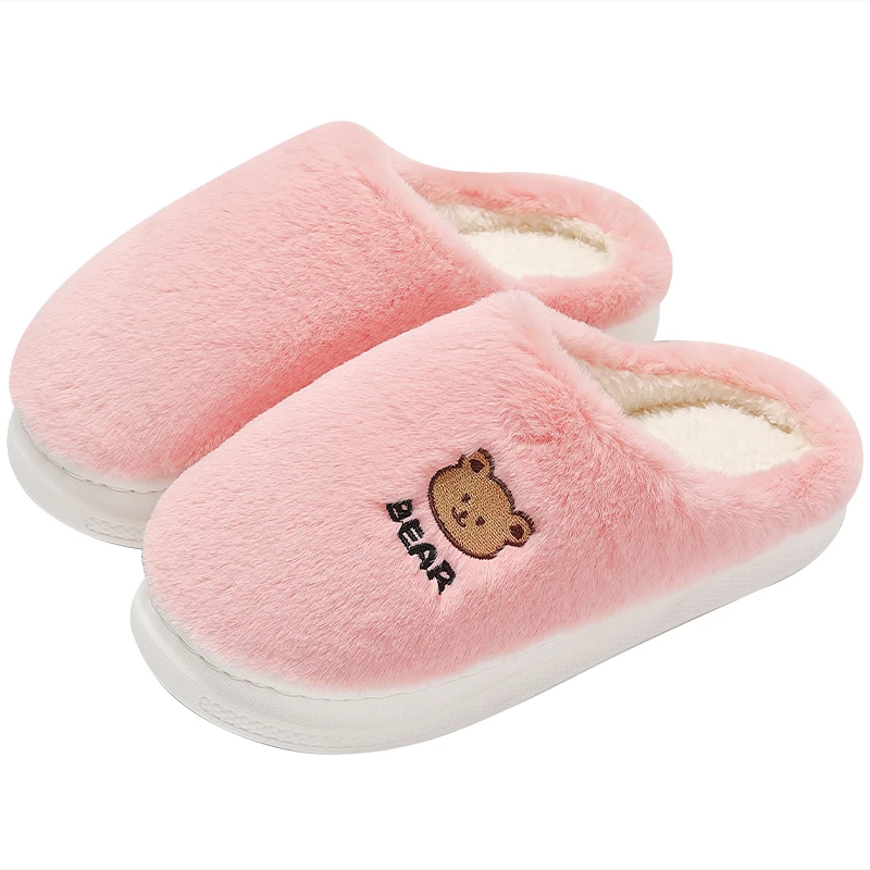 Couples Winter Home Slippers Women Shoes Cute Cartoon Bear Furry Shoes Men Warm Plush Slides Indoor Bedroom Non-Slip Floor Flats