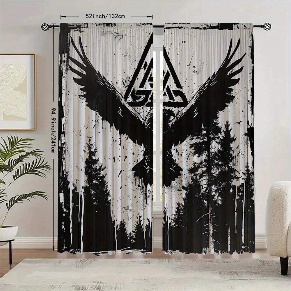 2pcs Nordic Viking Curtains, Forest Emblem Print, Rod Pocket, Modern Design, All Seasons, for Bedroom, Living Room & More Rooms