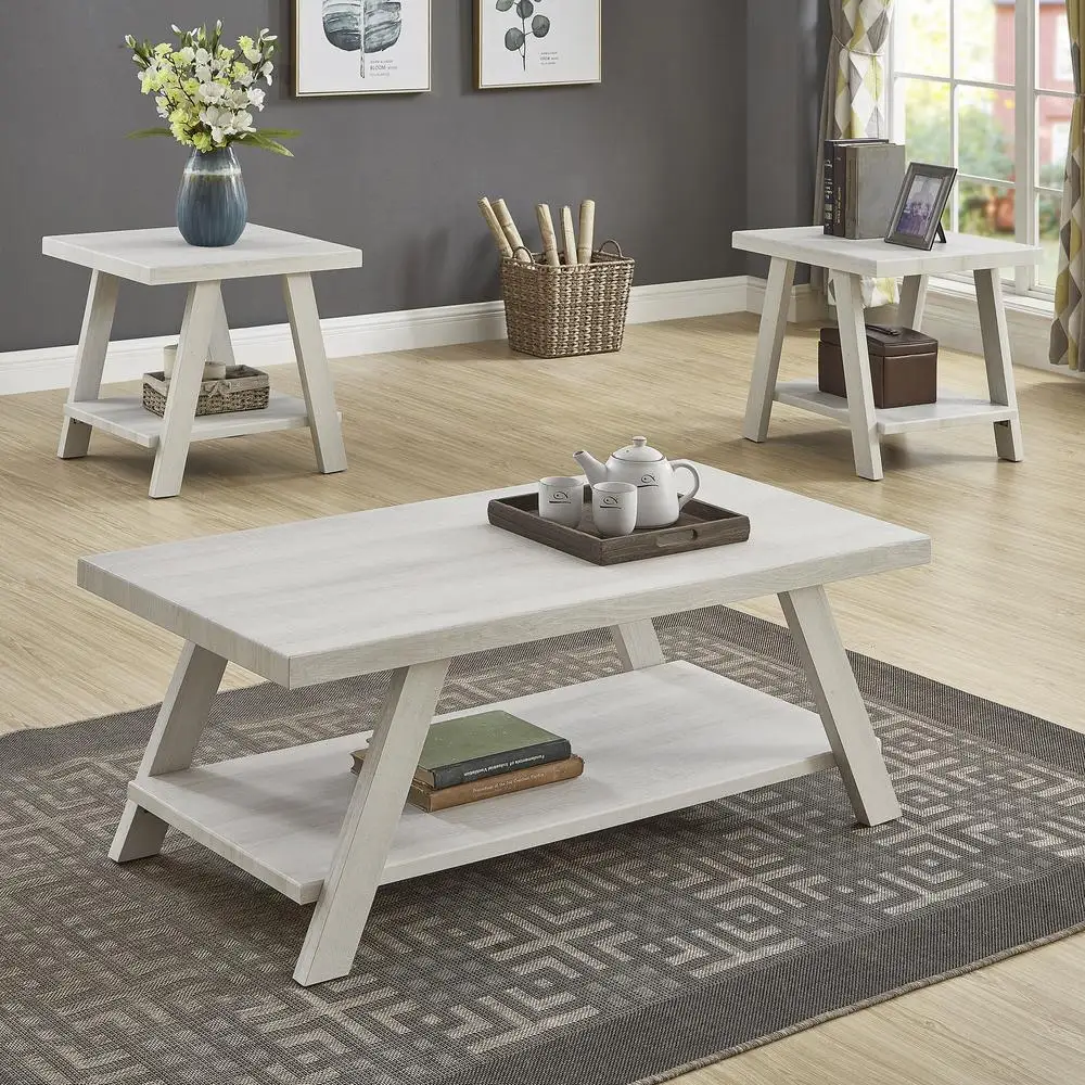 

Athens White Wood Shelf Coffee Table Set with 2 End Tables Contemporary Storage Living Room Furniture