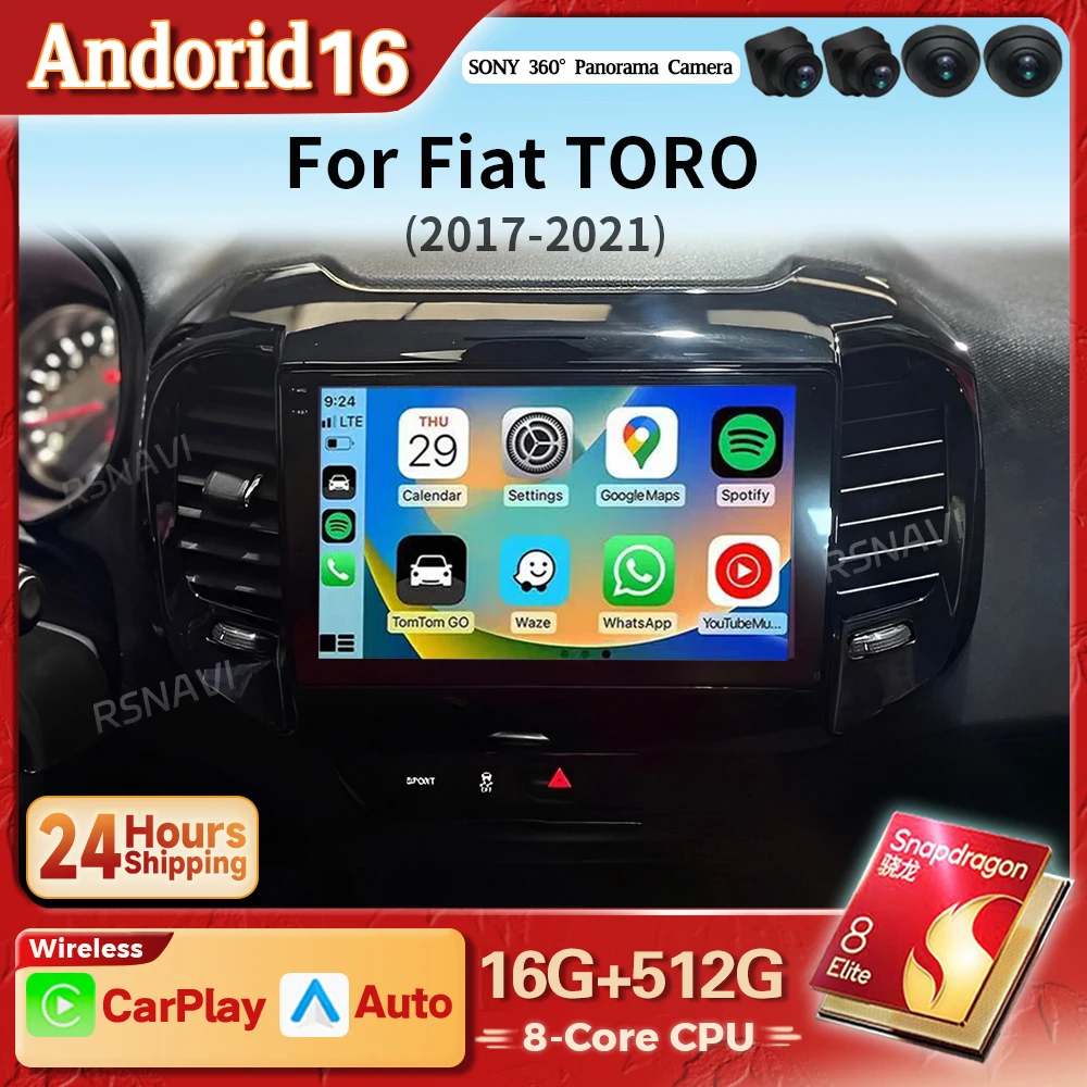 Rádio Automotivo Multimídia com Tela 2K Android 16 Carplay Auto para FIAT Toro 2017 - 2020 Autoradio Estéreo Sem Fio 2din Qualcomm