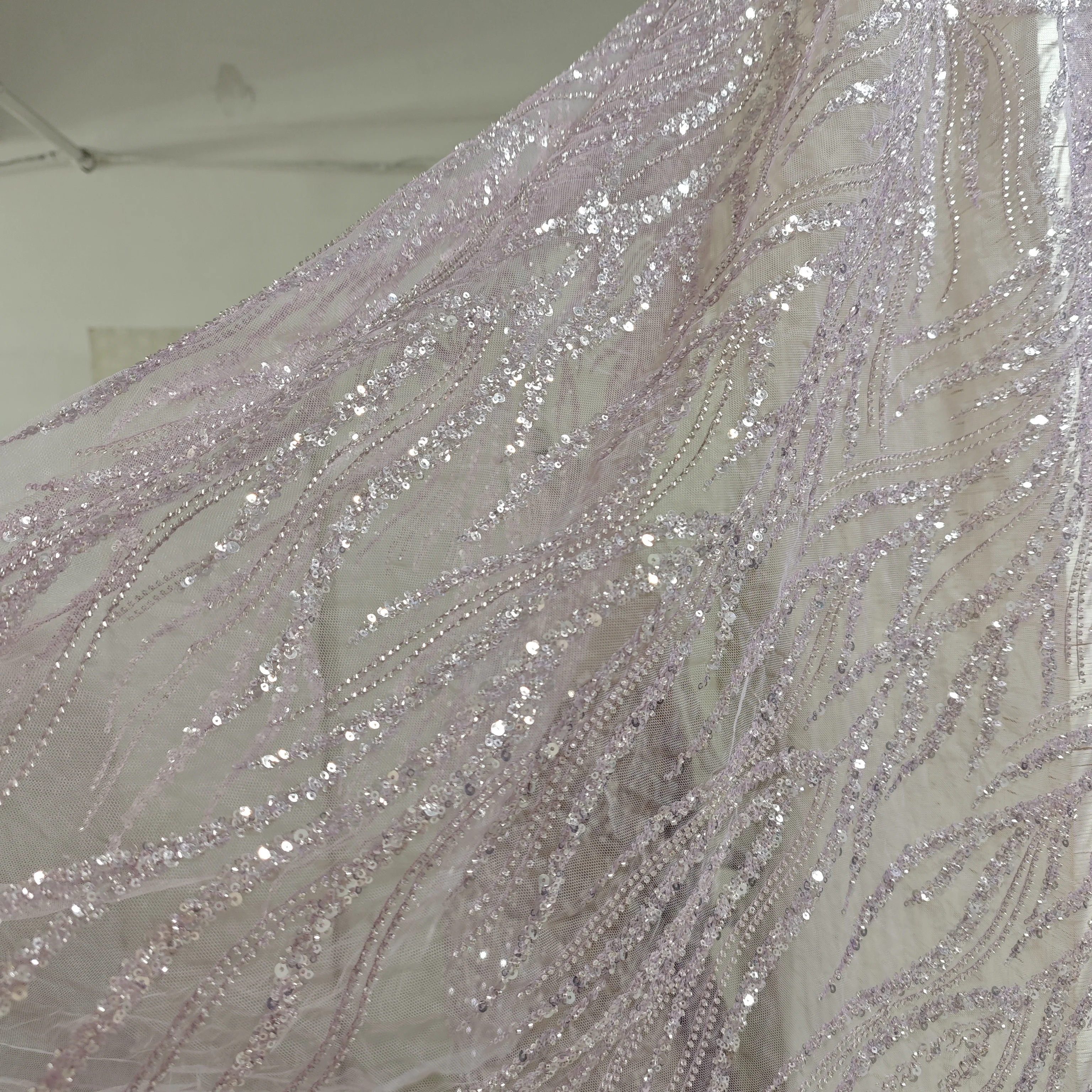 New Wedding Lace Fabric With Sequins Sheer Beads Lace Fabric Wedding Dress Lace Customization