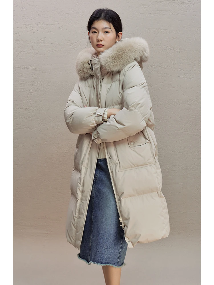 ZIQIAO Comfortable Large Fur Collar Hooded Down Jacket for Women Mid-length 2023 Winter New Warm White Duck Down Coats Female