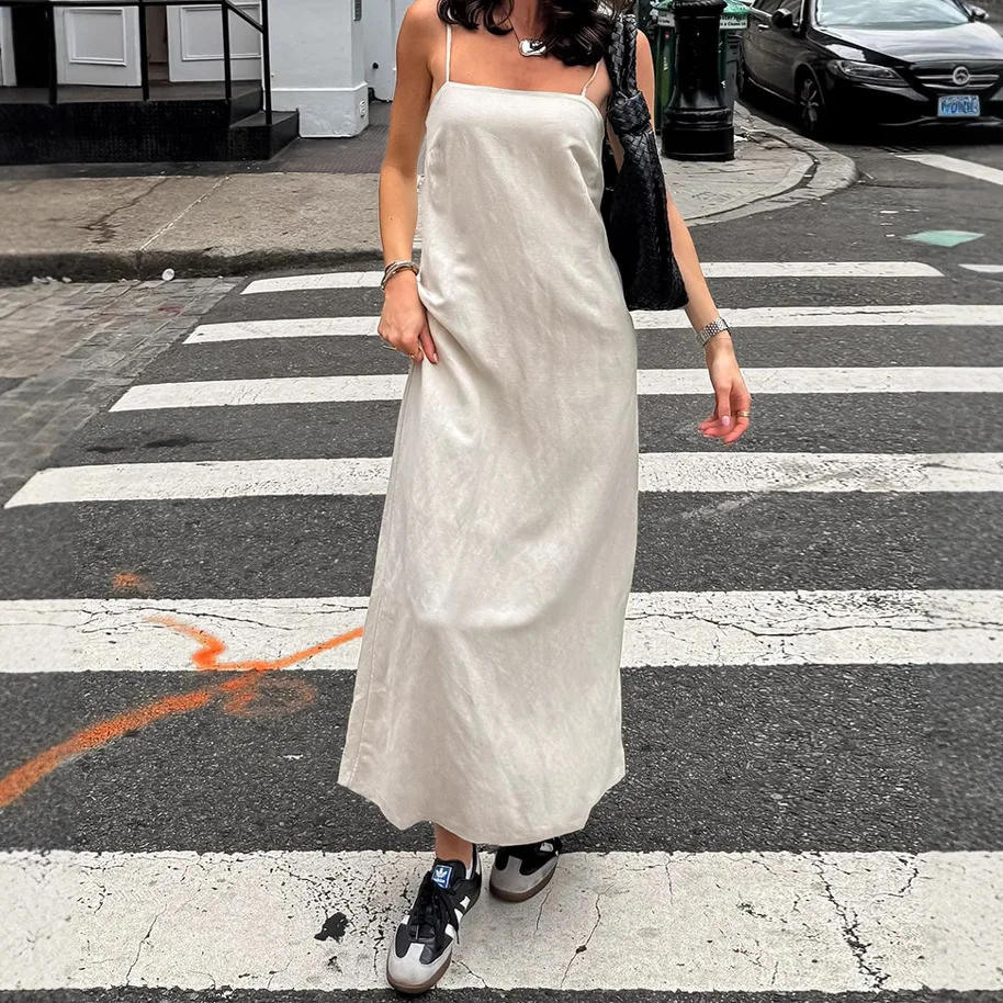 

2025 Summer Spaghetti Strap Fashion Dress, Solid Color Cotton-linen Vacation Style Square Neckline Loose Long Dress For Women