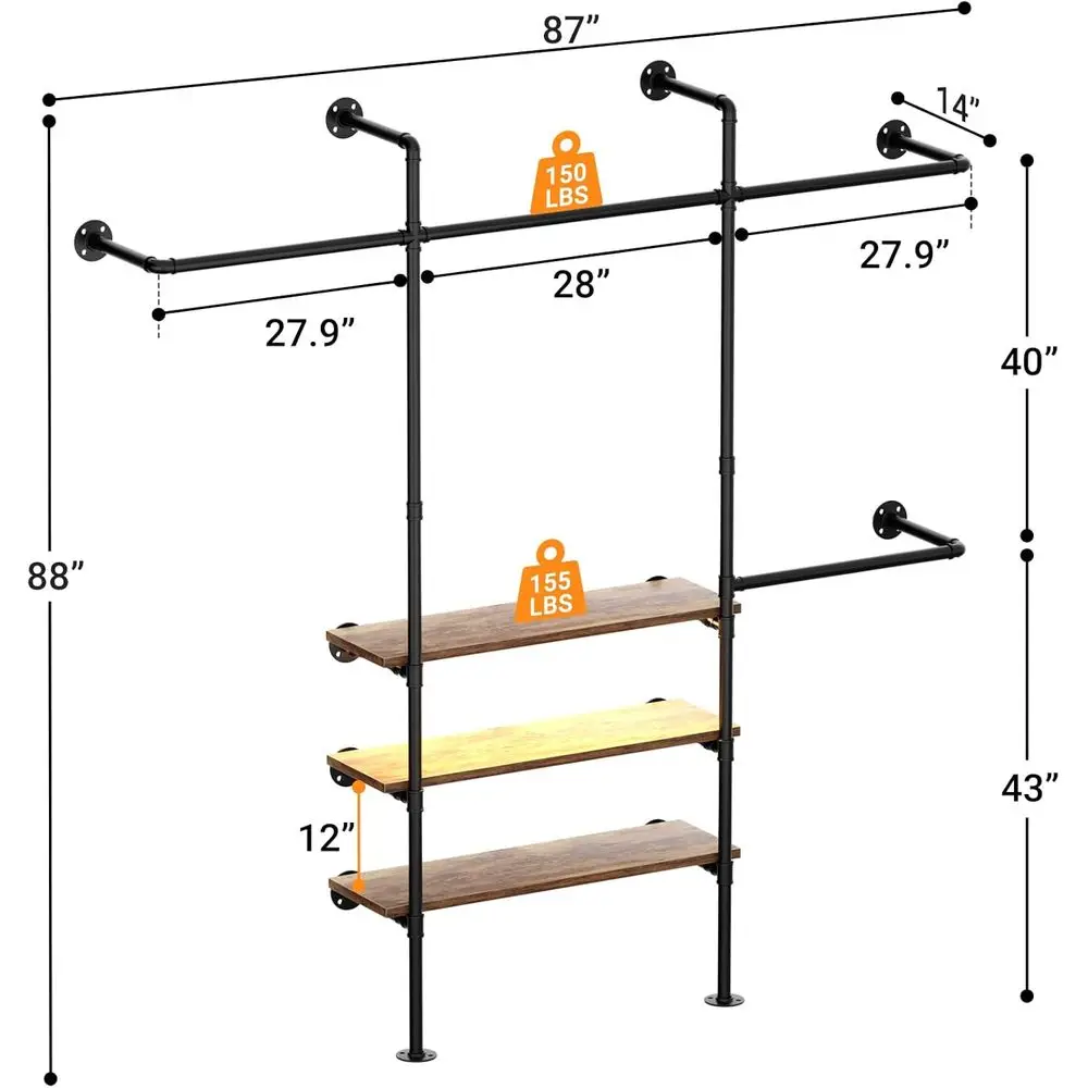 Industrial Pipe Clothing Rack, Reversible 7.25FT Wall Mounted Clothes Rack, Heavy Duty Garment Racks Closet Wardrobe with LED Li