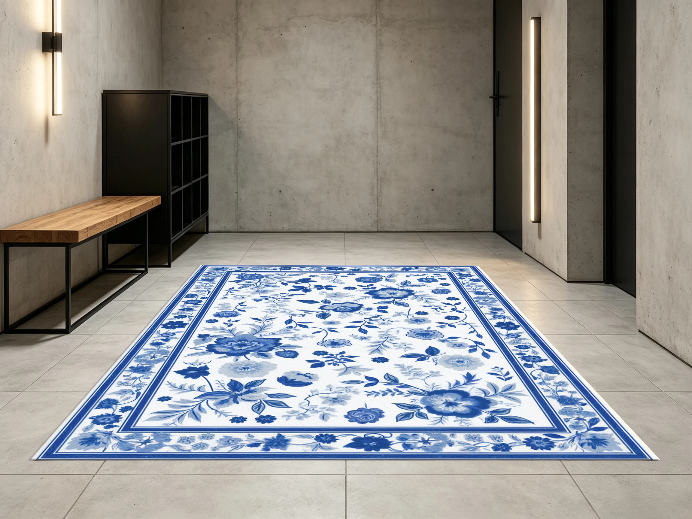 2D Velvet Rug in Blue, White, & Floral Patterns, a Modern Chinese Style, Soft & Comfortable, Suitable for Living Rooms &