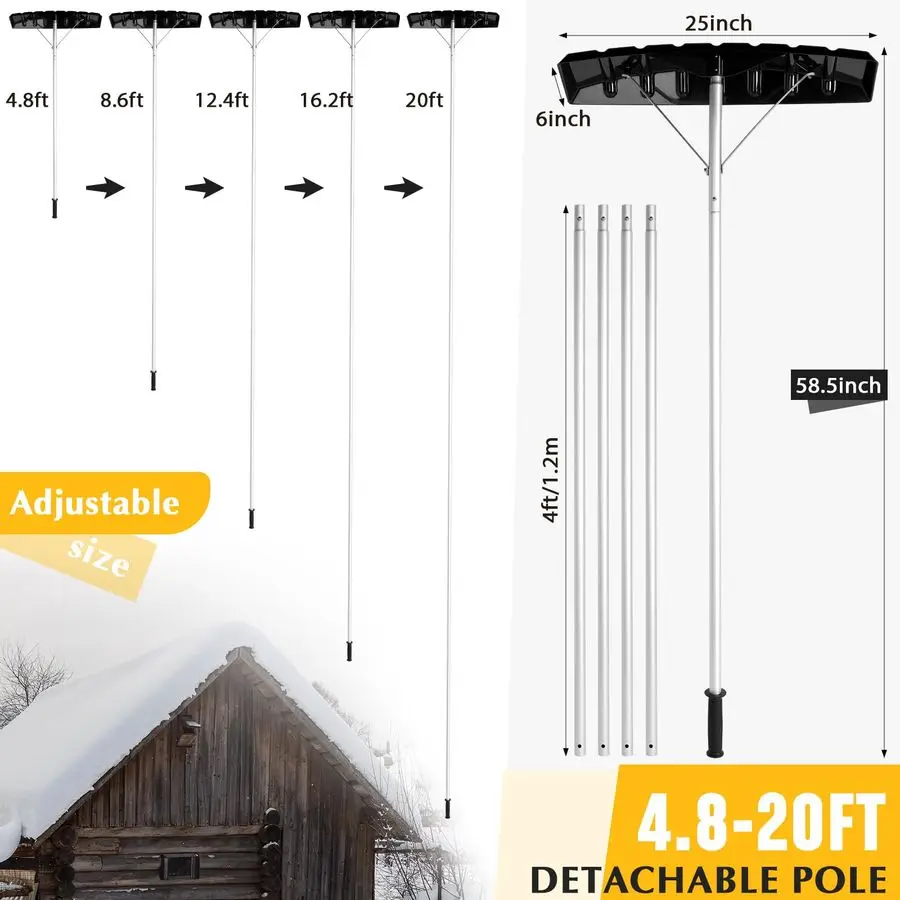Snow Roof Rake Snow Removal Tool with 5 Section Tubes 25 Inch Blade Adjustable 4.820 ft Reach Aluminum Shovel Rugged Slide for S