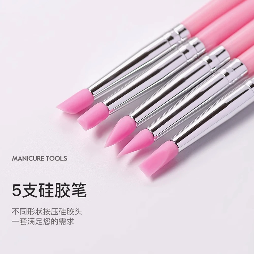 5pcs 180mm mini Pink Silicone Press Pen Set Pink Acrylic Handle for Carving/Embossing/Powder Rubbing Nail Silicone brush Tools