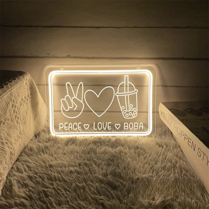 USB 3D Engraved Peace Love Boba LED Neon Sign Custom Bubble Boba Tea Milk Tea Coffee Bar Shop Cafe Restaurant Decor Night Light