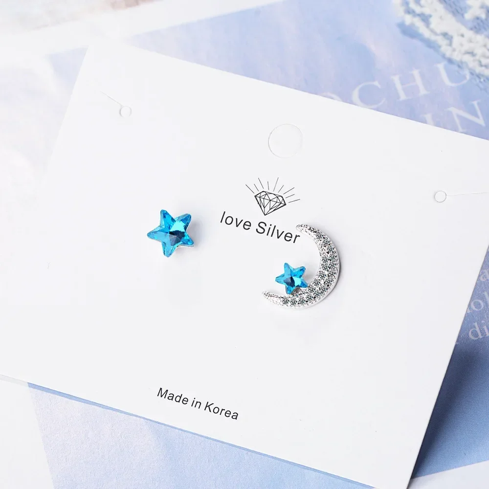 Doce assimétrico azul estrela lua brincos 925 prata esterlina zircônia brincos de cristal para festa de casamento feminino jóias presente