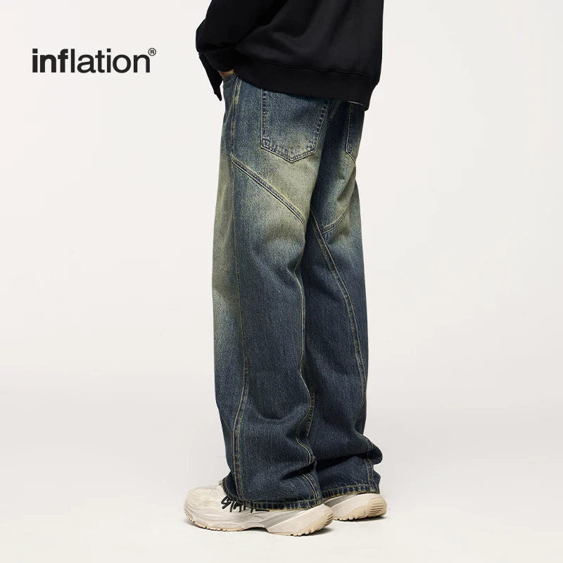 INFLATION Retro Washed Jeans Unisex Stretch Straight Leg Denim Trousers