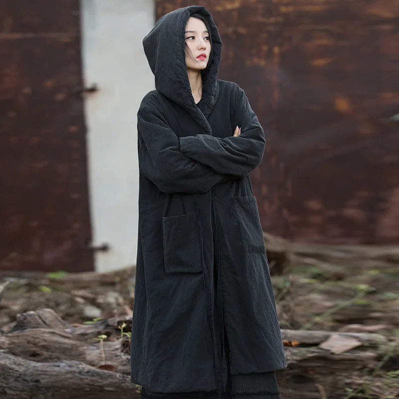 UMI MAO Winter Cotton Hemp Coat New Style Thickened Stir Fried Used Long Cotton Coat Retro Zen Style Hooded Witch Cotton Robe