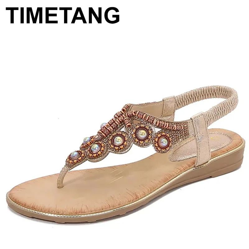 

2025 Ladies Sandals Fashion Rhinestone Elastic Strap Bohemian Shoes Round Toe Herringbone Slip On Comfortable Flat Sandals