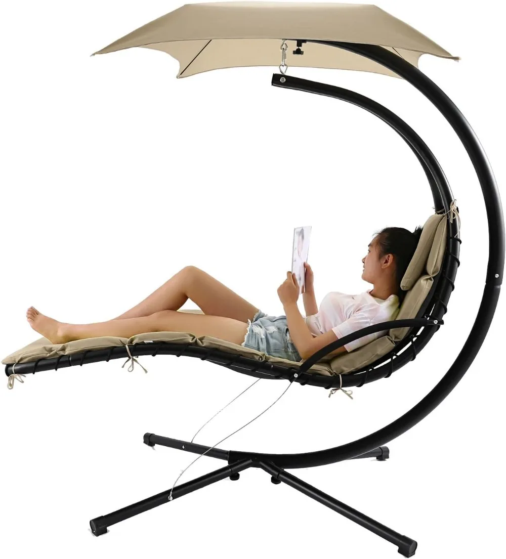 Floating Hanging Chaise Lounger Chair Swing Hammock with Canopy,350lbs Capacity (Beige)