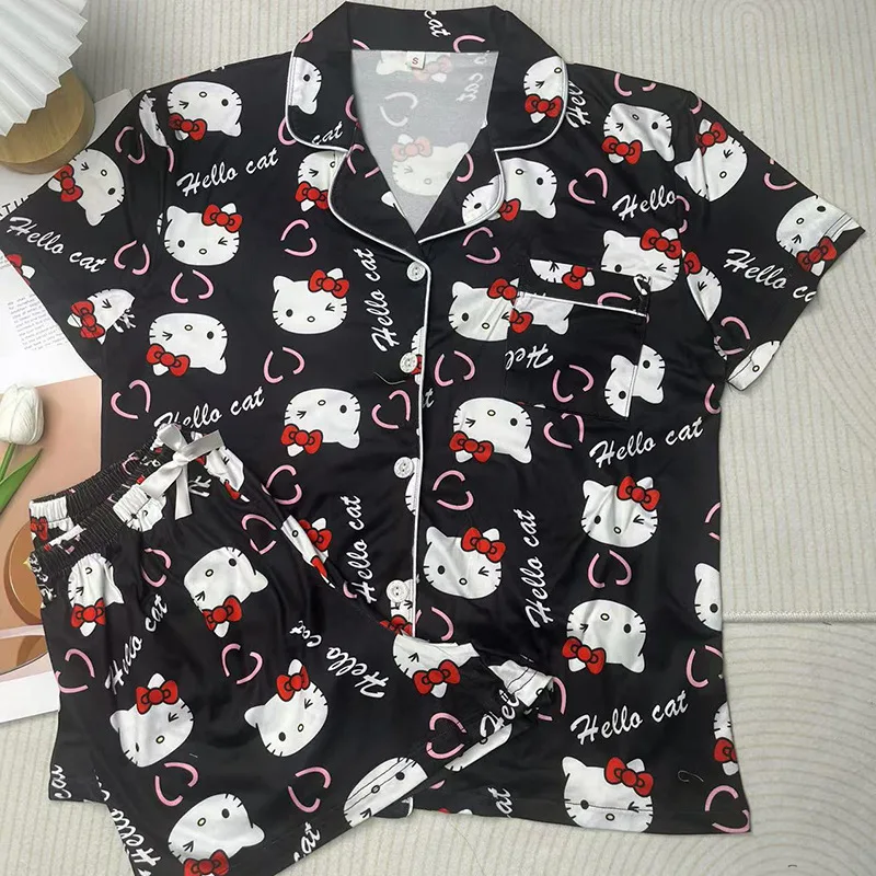 

2025 New Spring and Summer Pajamas Female HelloKitty Cartoon Cute Kawaii Printed Short-sleeved Shorts Cardigan Set Birthday Gift