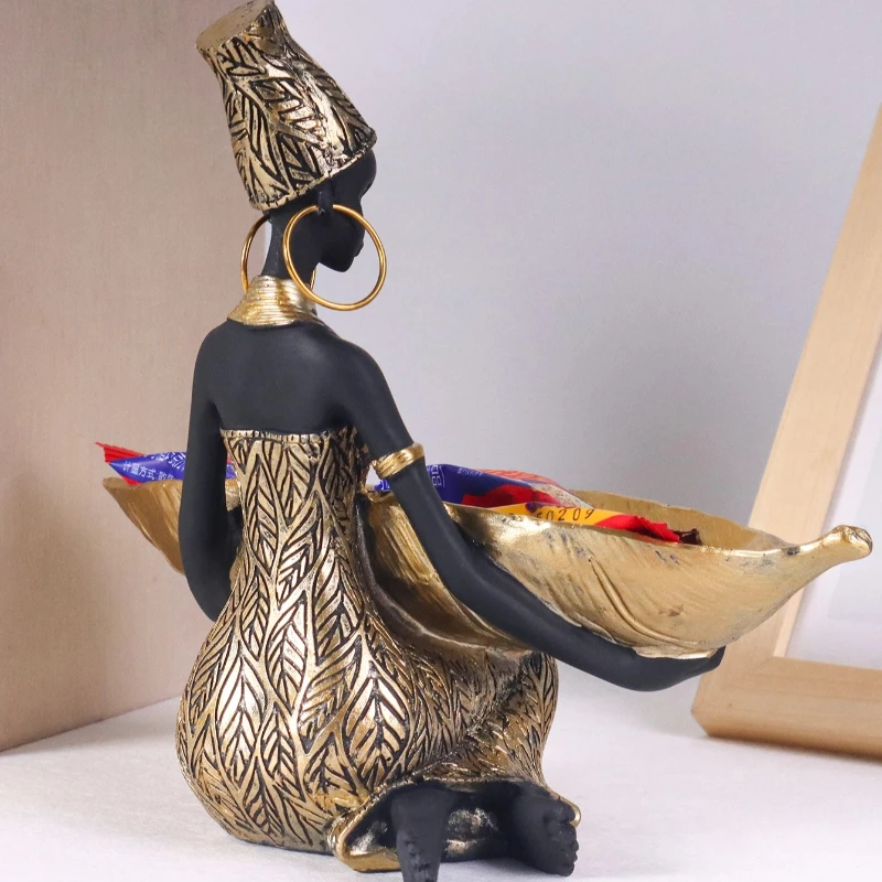 African Girl Holding a Plate Sculpture, Home and Office Decorative Storage Ornament, Vintage Collectible Craft Deskt Decor
