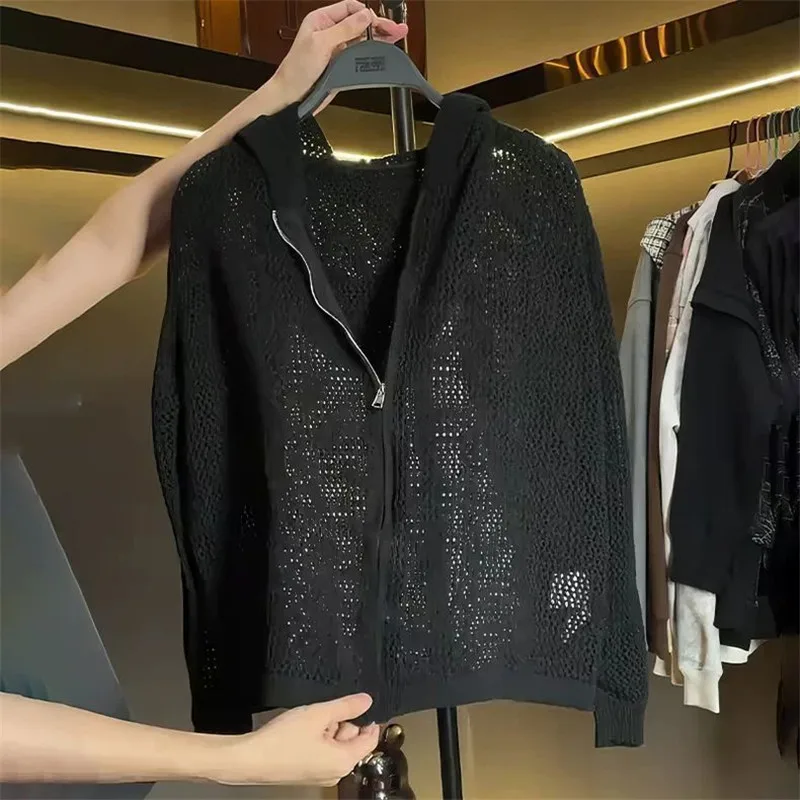 

Autumn New Black Hollow Out Sweater Hooded Women Long Sleeve Zipper Knitted Coat Runway Clothes Wool Cashmere Outwear