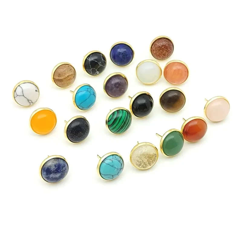 12MM Natural Stone Round Gold Color Stud Earrings Jewelry Tiger Eye Opal Blue Pink Green Crystal Earings Women Men Gift