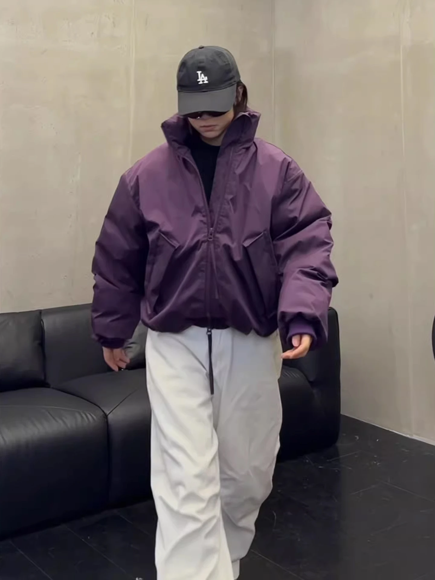 Purple Bomber ort Cotton Jaet Men's Winter Cleanfit Double-sided Wear Stand Collar Ribbed Cotton Coat Youth Faion - view 4