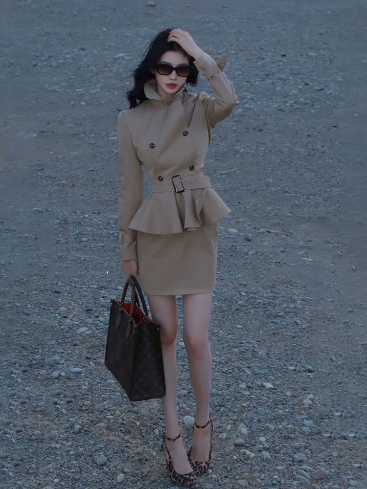 

XZY Briti Sle plus Size Coat with Waist Cinching Double Breasted Women's Autumn Vintage Commute Skirt Set Faionable Ens...