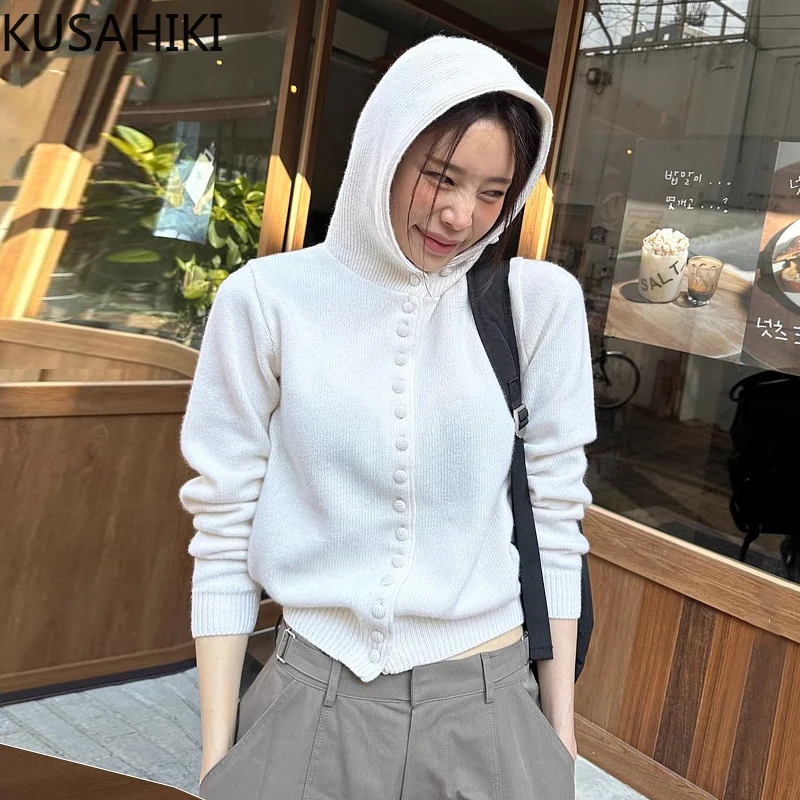 KUSAHIKI Korean Chic Autumn Retro Single Breasted Versatile Long Sleeved Hooded Knitted Sweater Jacket