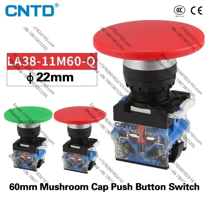 

CNTD momentáneo 0013 60mm tapa seta reinicio automático sin bloqueo redondo 1NO1NC22mm LA38-11M/60 Price of 5 pieces